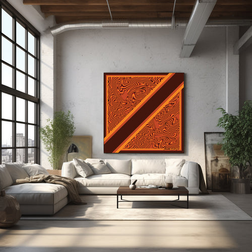Psychedelic 70s hippie painting displayed framed on a wall in a styled room.