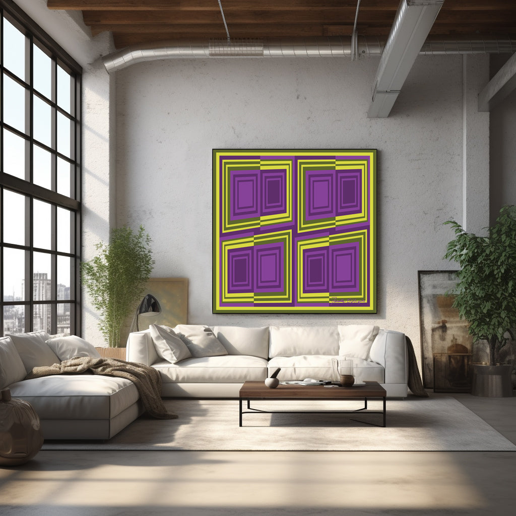 Abstract painting shown in a room setting.