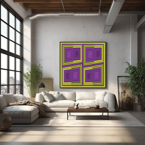 Abstract painting shown in a room setting.