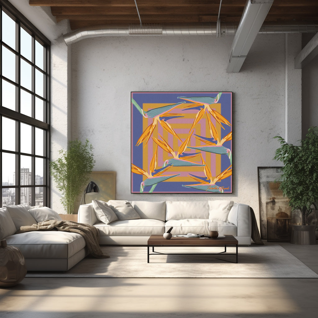 Bird of Paradise painting shown in a room setting.