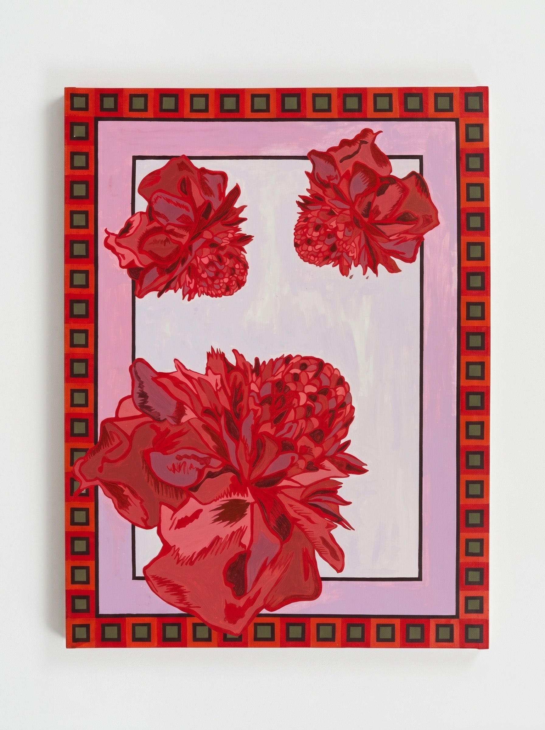 Original acrylic painting on canvas of the Etlingera elatior flower with a checkered border, 150 × 114 cm.