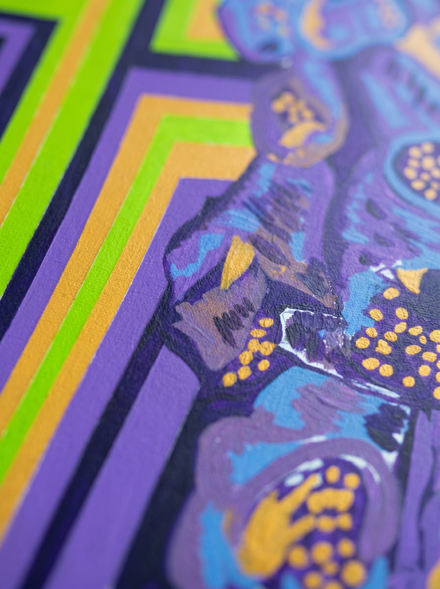 Original acrylic painting on canvas, jungle and geometric-floral abstract design, detail view, 90 × 90 cm.